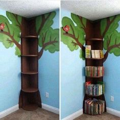 two pictures of a bookshelf with a tree painted on the wall