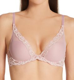 This deep plunge bra features a beautiful scalloped lace trim along a stretch mesh overlay, helping to give you a truly pretty look. Seamless sides for a smooth look under clothes. Very comfortable, and light as a feather! Contour underwire cups with light padding support and shape your breasts. All lace trim has a soft texture. Cups are covered with mesh overlay. Straps are set wide for a sexy, open neckline. Lace with embroidered "feathers" on the sides, back and center panel. Wide-set elastic Elegant Contrast Lace Bra, Embroidered Feathers, Instyle Magazine, Light As A Feather, Deep Plunge, Magazine Online, Antique Pink, Mesh Overlay, Plunge Bra