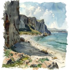 a watercolor painting of a beach with cliffs in the background and blue sky above