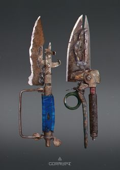 two rusty metal objects with handles and knives attached to each other on a gray background