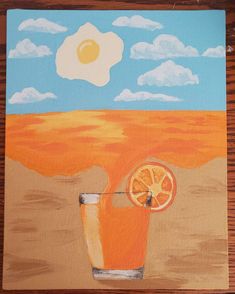 a painting of an orange drink on a wooden table with clouds and sun in the background