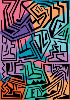 an abstract painting with many different colors and shapes on it's surface, including the letters