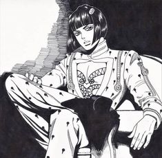 a black and white drawing of a woman sitting on a chair with her legs crossed