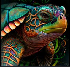 a painting of a colorful turtle on a black background