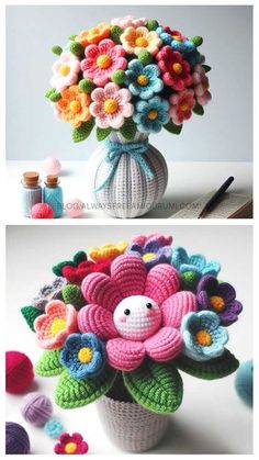 crocheted flowers in a vase with yarn