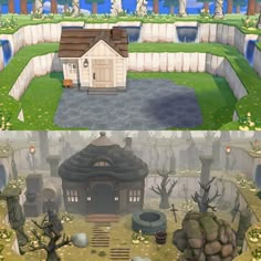 two different views of the same house in animal crossing