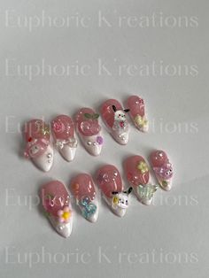 Cute kawaii charms set **charms will change Big Charm Nails, White Nails With Charms, Nail Charm Designs, Rilakkuma Nails, Sweetheart Nails, Future Makeup, Light Pink Acrylic Nails, Charms For Nails, Sanrio Nails