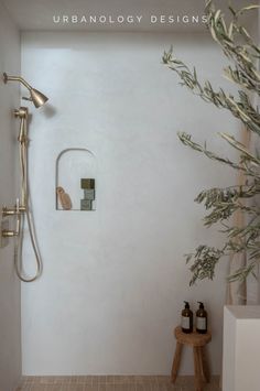 a bathroom with a shower head, toilet and plants in the corner next to it