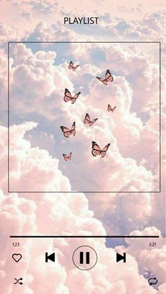 there are many butterflies flying in the sky above some clouds with music playlist buttons