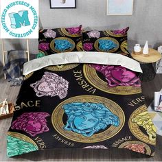 an image of a bed set with zodiac signs on the cover and pillowcases