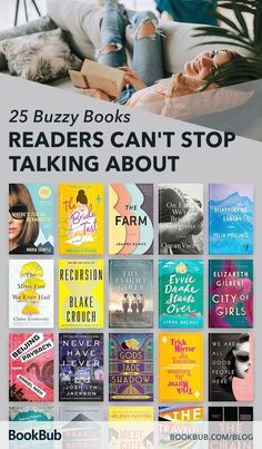 the book cover for 25 buzzy books readers can't stop talking about, with an image of a woman reading