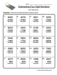 the subtracting four digit numbers worksheet