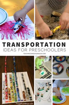 there are pictures of transportation activities and crafts for kids to do on the table with