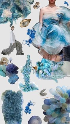 a collage of blue and white images