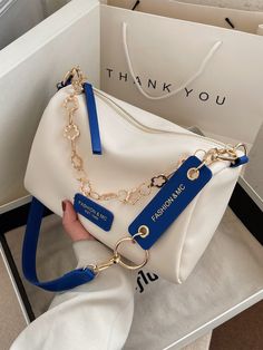 Blue and White Casual,Fashionable Collar  PU Leather Colorblock,Letter Bucket Bag Embellished   Women Bags Tas Lv, قلادات متدلية, Sacs Tote Bags, Trendy Purses, My Style Bags, Luxury Bags Collection, Trendy Business Casual, Smink Inspiration, Girly Bags