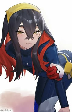 an anime character with long black hair and red gloves holding a yellow object in her hand