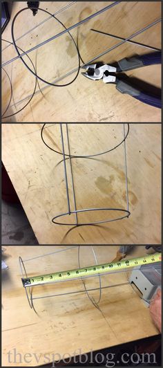 three pictures showing how to make a diy wire basket with scissors and measuring tape