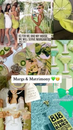 the collage has pictures of women in bathing suits and green hats on them, including an advertisement for margris & matrimony