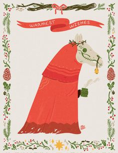 a horse wearing a red dress with a ribbon around its neck and the words warmest wishes on it