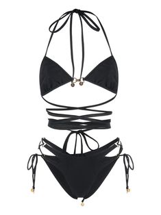 wrap-around tie-fastening bikini set from DUNDAS featuring stretch-design, wraparound style, Medusa plaque detail, triangle cup, halterneck tie fastening, side tie fastening, Medusa plaque detail, classic bottoms and jet black. Be mindful to try on swimwear over your own garments.. Designer Bikinis, Hunza G, Swimsuits Outfits, Black Bathing Suits, Cute Bathing Suits, Fashionista Clothes, Cute Swimsuits, Swaggy Outfits, Really Cute Outfits