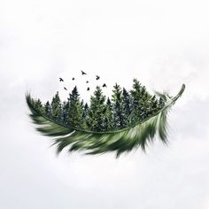 a green feather flying through the air with trees on it