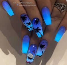 Water Transfer Paper, Nail Decals Diy, Palm Tree Design, Cute Acrylic Nail Designs, Glow Nails, Vacation Nails, Coffin Nails Long