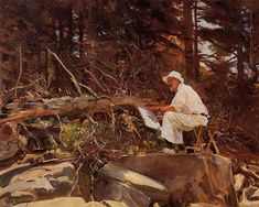 a painting of a man sitting on top of a rock next to trees and rocks