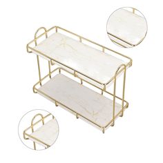 a gold and white marble shelf with two shelves on each side, one is holding a mirror