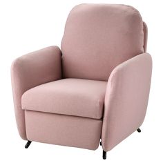 a pink chair with black legs and arms