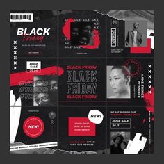 the black friday flyer is shown with red and black designs on it, including an image of