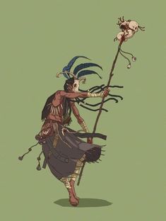 an illustration of a native american woman holding a stick with two skulls on it and one skull in the background