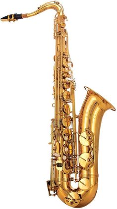 a gold saxophone is shown against a white background