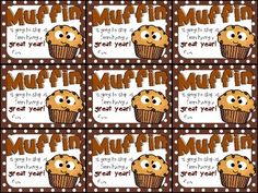 six brown and white cupcakes with the words muffin year on each one