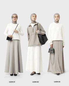 A simple taupe grey paired with off white look. It’s giving clean and effortlessly chic vibe. Perfect for a timeless, modest look that’s always on point! Modest Hijabi Outfits, Colour Combinations Fashion, Color Combos Outfit, Long Skirt Fashion, Modern Hijab Fashion, White Look, Corporate Attire, Fashion Design Patterns