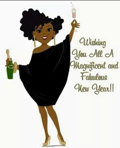 a woman in a black dress is holding a bottle and a wine glass with the words wishing you all a magnificent and fabulous new year