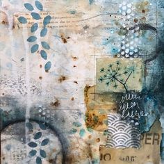 an abstract painting with blue leaves and words on the bottom half of it, along with other mixed media materials