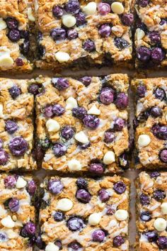 blueberry oatmeal bars cut into squares with white chocolate chips on top