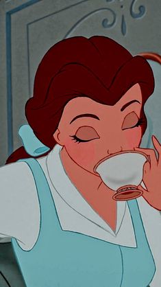 an animated image of a woman drinking from a cup in front of a mirror with her eyes closed