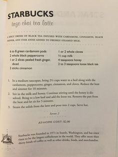 the menu for starbucks's latte is shown in black and white letters, along with instructions on how to make it