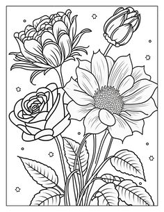 a coloring page with flowers and leaves