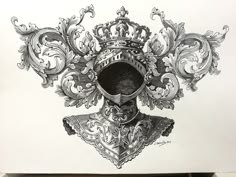 a drawing of a helmet with a crown on it's head, surrounded by ornate designs