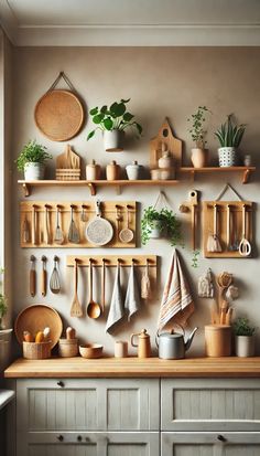 a kitchen with wooden shelves filled with pots, pans and other cooking utensils