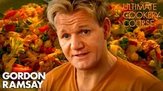 gordon ramsay on the cover of ultimate cooker course, with vegetables in the background