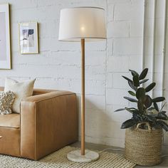 a living room with a couch, lamp and potted plant on the floor next to it