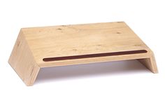 a small wooden step stool with a brown leather strip on the top and bottom part