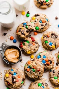 chocolate chip cookies with m & m candy and peanut butter