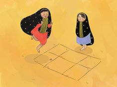 two women are playing a game on a yellow background with black and white squares in the middle