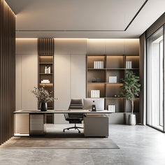 an office with a desk, chair and bookshelf in the middle of it