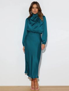 FROM THE SOURCE HIGH NECK BRIDAL MAXI DRESS - TEAL – SMAIBULUN Bridal Maxi Dress, Satin Dress Long, Satin Long Sleeve, Loose Fitting Dresses, Women's Evening Dresses, Elegant Dresses For Women, Sleeves Clothing, Vestidos Vintage, Daily Dress