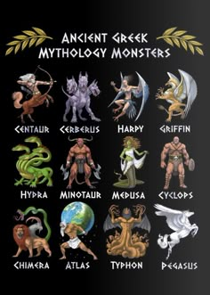 an ancient greek mythology monsters poster with all their names in english and spanish on a black background